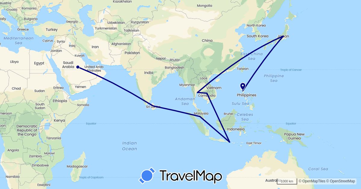 TravelMap itinerary: driving in Indonesia, Japan, Cambodia, Sri Lanka, Malaysia, Philippines, Saudi Arabia, Thailand (Asia)