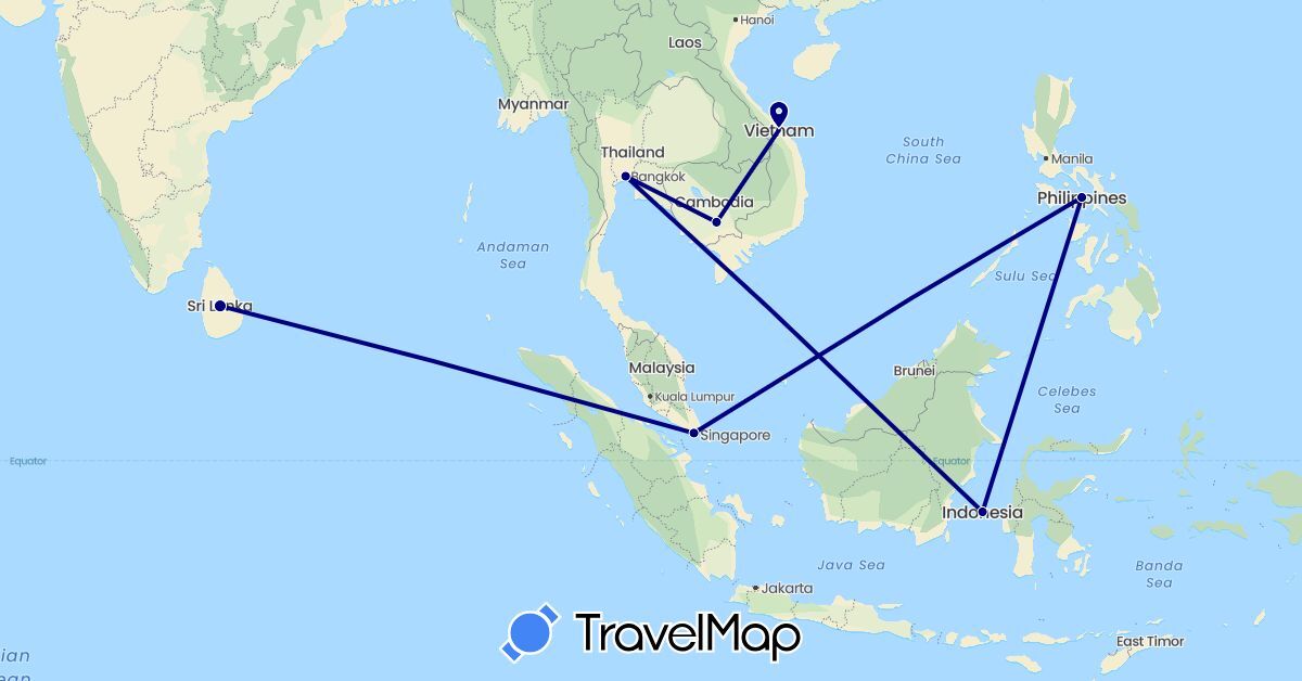 TravelMap itinerary: driving in Indonesia, Cambodia, Sri Lanka, Philippines, Singapore, Thailand (Asia)