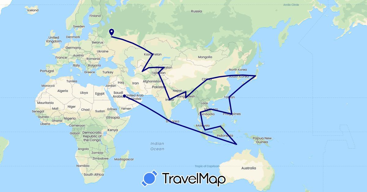 TravelMap itinerary: driving in Bangladesh, China, India, Kyrgyzstan, Sri Lanka, Myanmar (Burma), Malaysia, Nepal, Russia, Saudi Arabia, Singapore, Thailand, Tajikistan, East Timor, Turkmenistan, Taiwan, Uzbekistan, Vietnam (Asia, Europe)